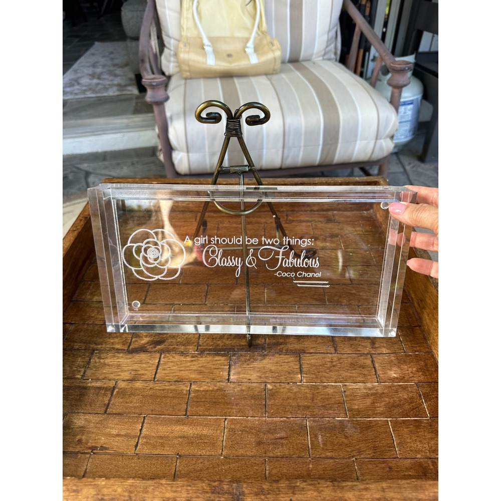 Hotel Balfour Coco Chanel Quote Acrylic Vanity Tray etched Clear lucite VGUC